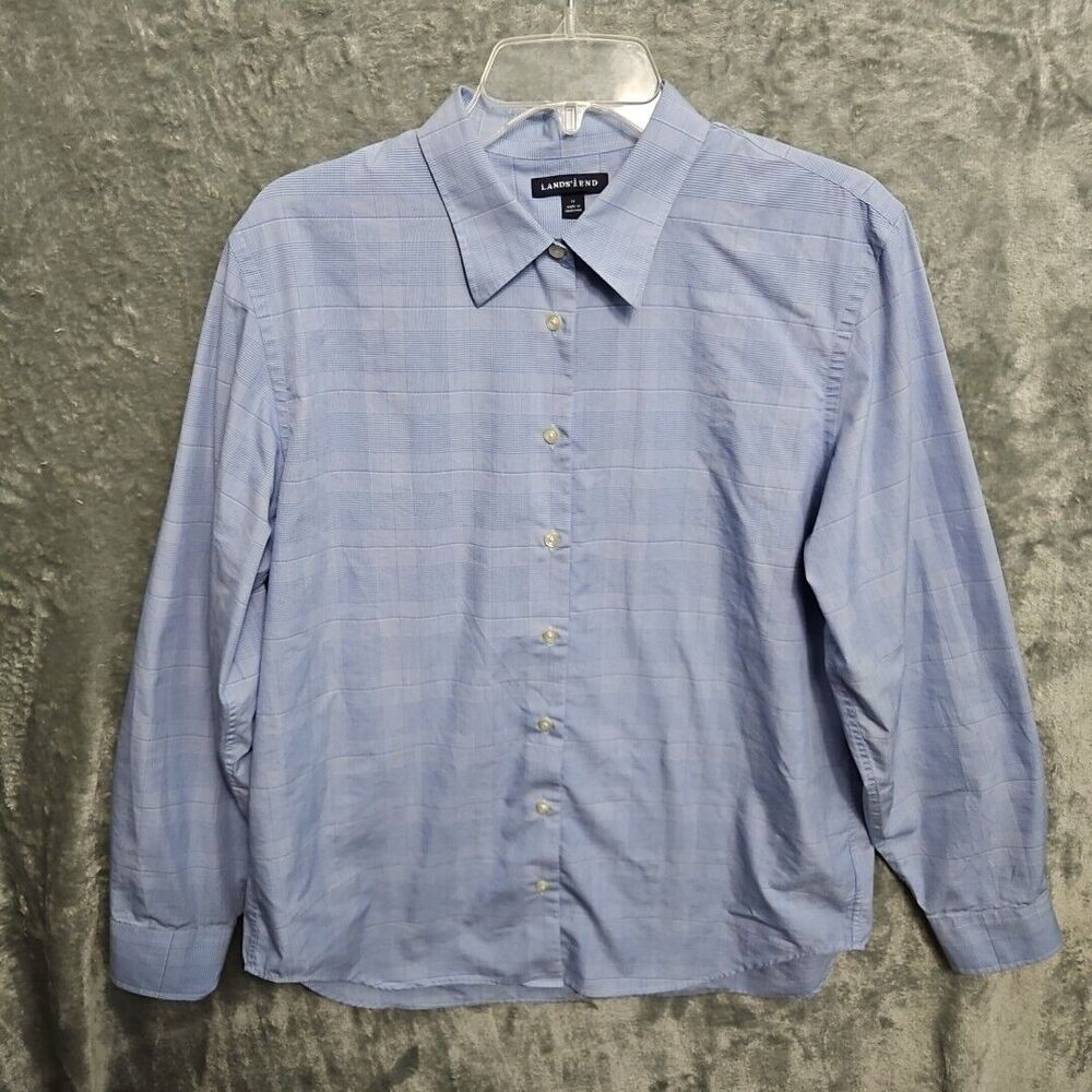 Lands End Women's 14 Blue Blouse plaid windowpane poly blend long sleeve VTG